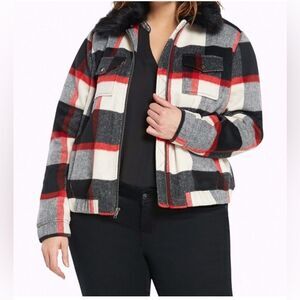 Torrid Plaid Wool Blend Bomber Jacket - Red, Black, White Size 1